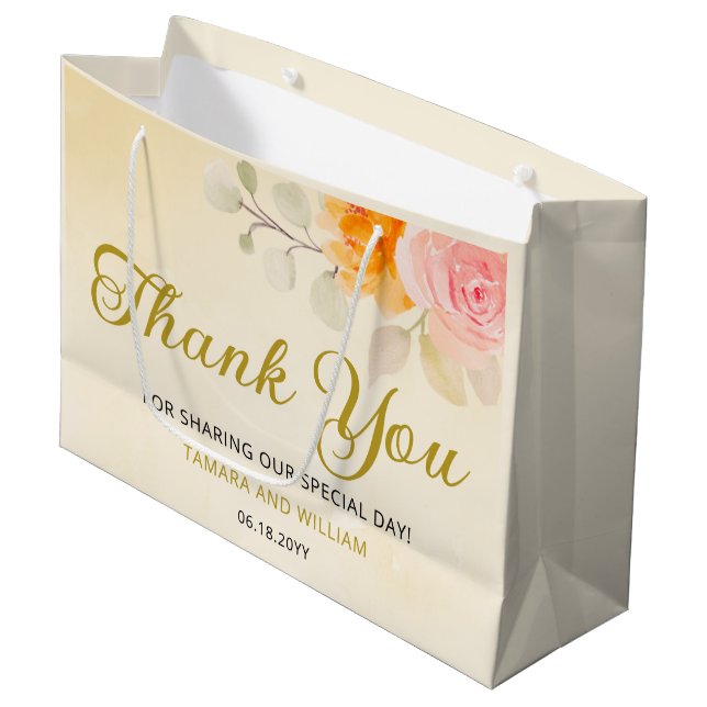 Bolsa De Regalo Grande Elegante acuarela Floral Boda Gold Gracias (Angulo Anverso)