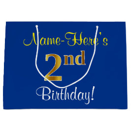 Bolsa De Regalo Grande Elegante, azul, falso oro segundo cumpleaños; nomb