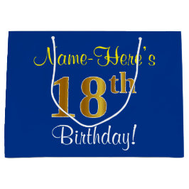 Bolsa De Regalo Grande Elegante, Azul, Faux Gold 18th Birthday + Nombre