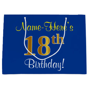 Bolsa De Regalo Grande Elegante, Azul, Faux Gold 18th Birthday + Nombre