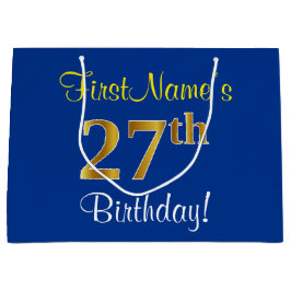 Bolsa De Regalo Grande Elegante, Azul, Faux Gold 27th Birthday + Nombre