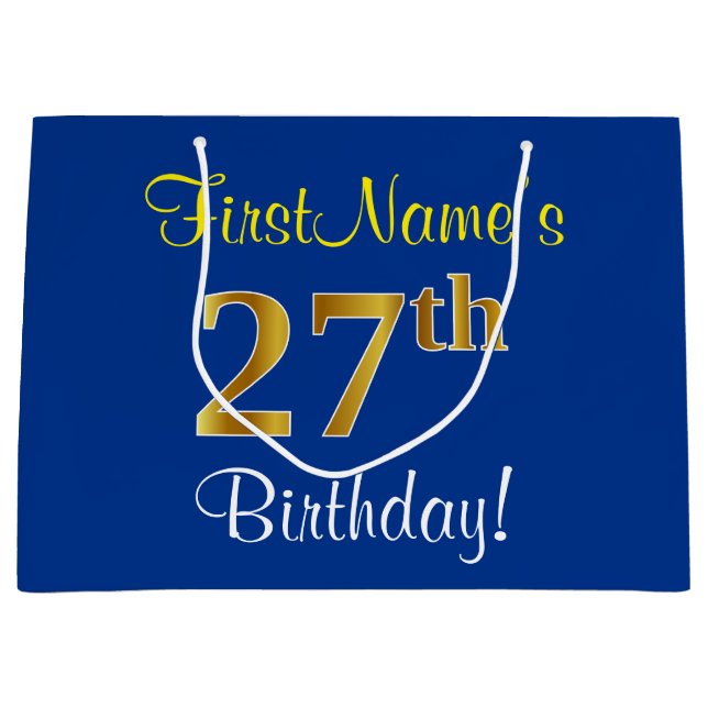 Bolsa De Regalo Grande Elegante, Azul, Faux Gold 27th Birthday + Nombre (Anverso)