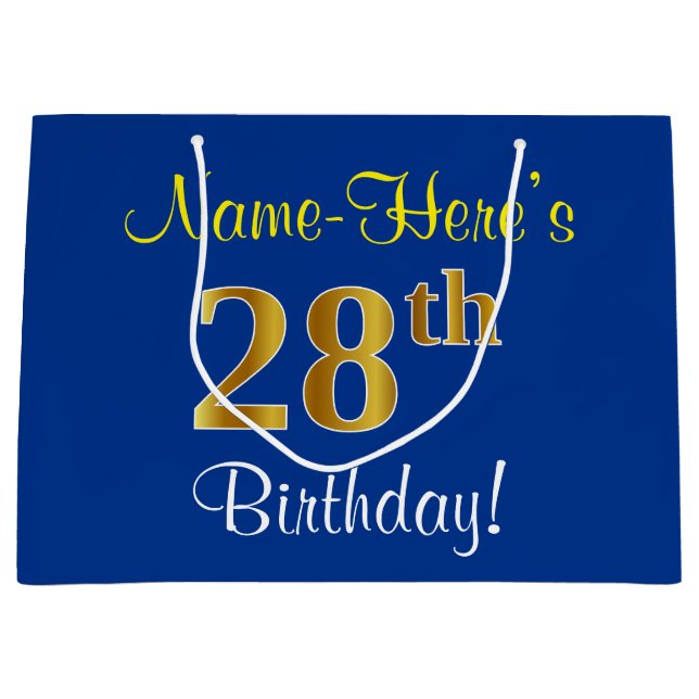 Bolsa De Regalo Grande Elegante, Azul, Faux Gold 28th Birthday + Nombre (Anverso)