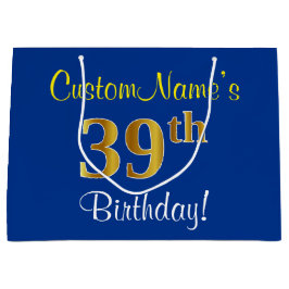Bolsa De Regalo Grande Elegante, Azul, Faux Gold 39th Birthday + Nombre