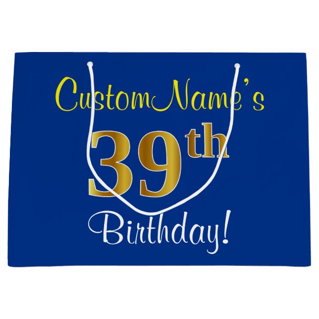 Bolsa De Regalo Grande Elegante, Azul, Faux Gold 39th Birthday + Nombre (Anverso)
