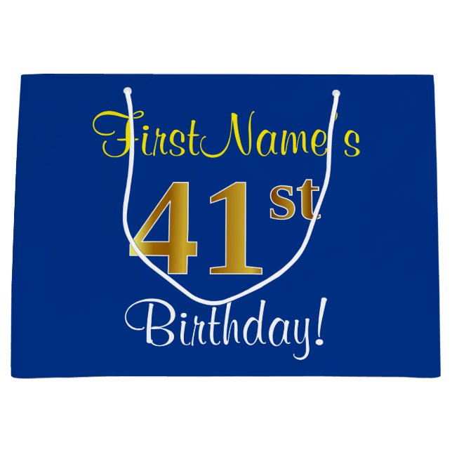 Bolsa De Regalo Grande Elegante, Azul, Faux Gold 41st Birthday + Nombre (Anverso)