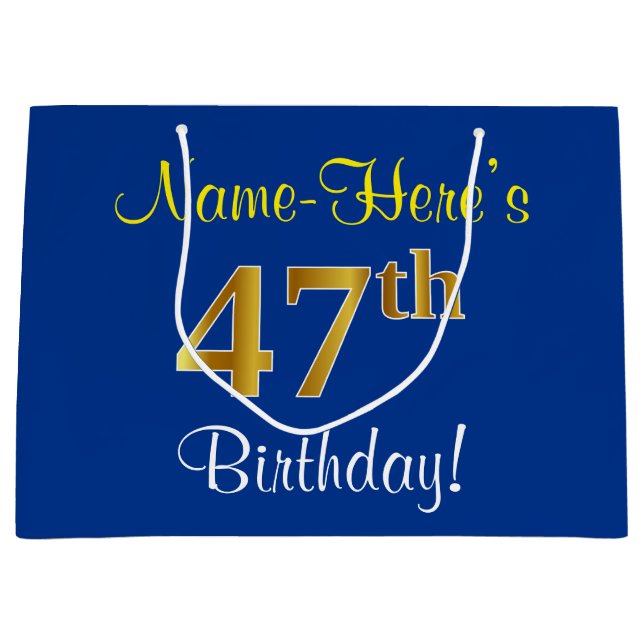 Bolsa De Regalo Grande Elegante, Azul, Faux Gold 47th Birthday + Nombre (Anverso)