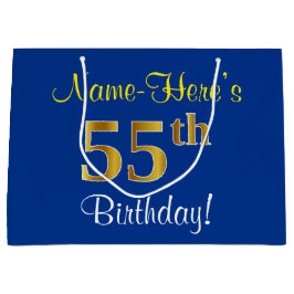 Bolsa De Regalo Grande Elegante, Azul, Faux Gold 55th Birthday + Nombre