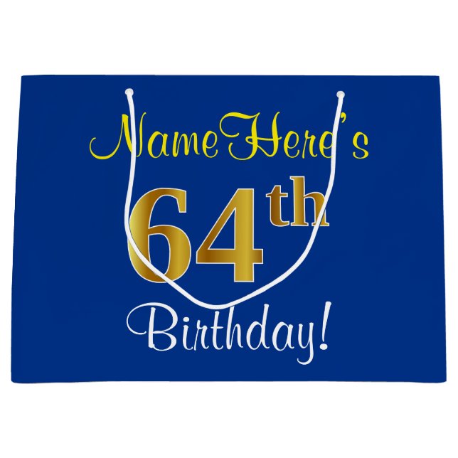 Bolsa De Regalo Grande Elegante, Azul, Faux Gold 64th Birthday + Nombre (Anverso)