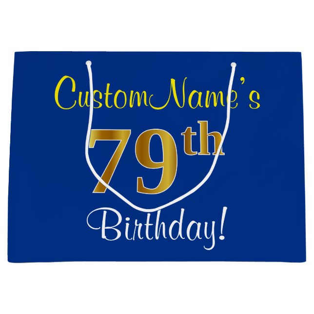 Bolsa De Regalo Grande Elegante, Azul, Faux Gold 79th Birthday + Nombre (Anverso)