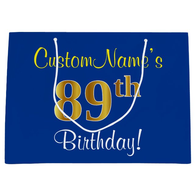Bolsa De Regalo Grande Elegante, Azul, Faux Gold 89th Birthday + Nombre (Anverso)