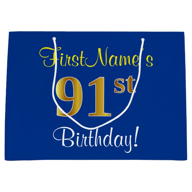 Bolsa De Regalo Grande Elegante, Azul, Faux Gold 91st Birthday + Nombre (Anverso)