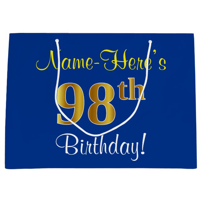 Bolsa De Regalo Grande Elegante, Azul, Faux Gold 98th Birthday + Nombre (Anverso)