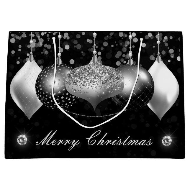 Bolsa De Regalo Grande Elegante Black and Silver Baubles Feliz Navidad (Anverso)