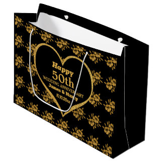 Bolsa De Regalo Grande Elegante Black Gold Flower 50° aniversario Boda