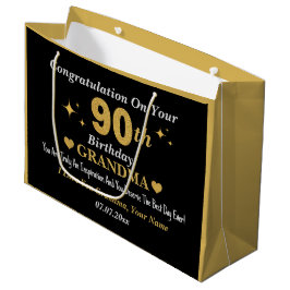 Bolsa De Regalo Grande Elegante Black & Gold Stars 90th Birthday Grandma