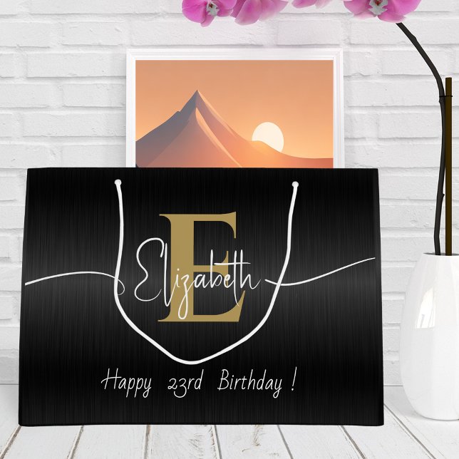 Bolsa De Regalo Grande Elegante Black Modern Gold Monogramed Script Name (Subido por el creador)
