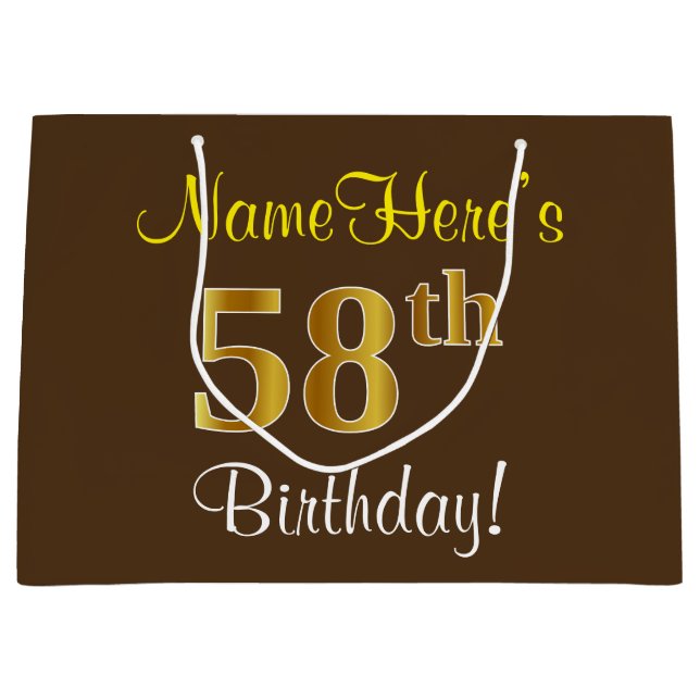 Bolsa De Regalo Grande Elegante, Brown, Faux Gold 58th Birthday + Nombre (Anverso)
