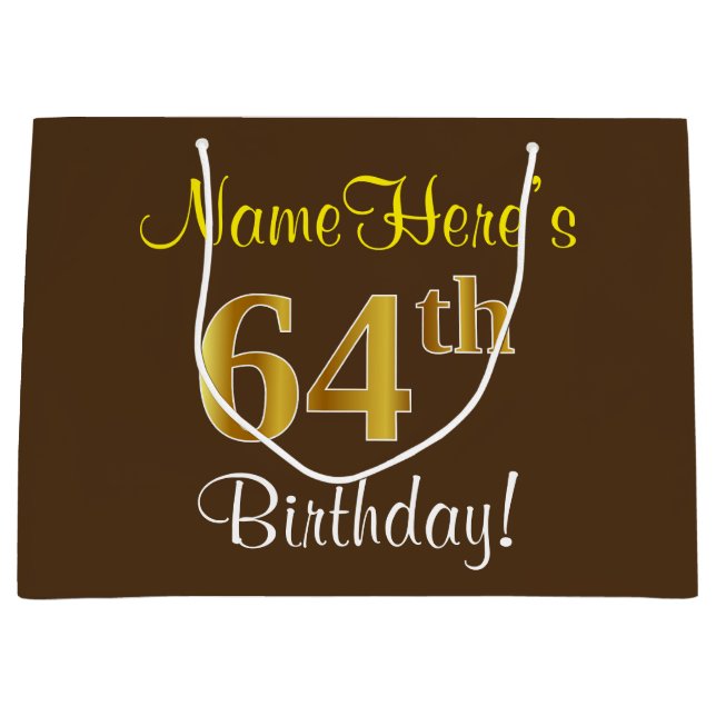 Bolsa De Regalo Grande Elegante, Brown, Faux Gold 64th Birthday + Nombre (Anverso)