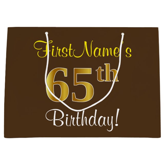 Bolsa De Regalo Grande Elegante, Brown, Faux Gold 65th Birthday + Nombre (Anverso)
