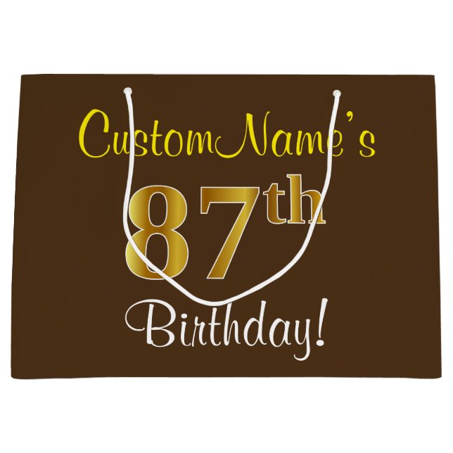 Bolsa De Regalo Grande Elegante, Brown, Faux Gold 87th Birthday + Nombre (Anverso)
