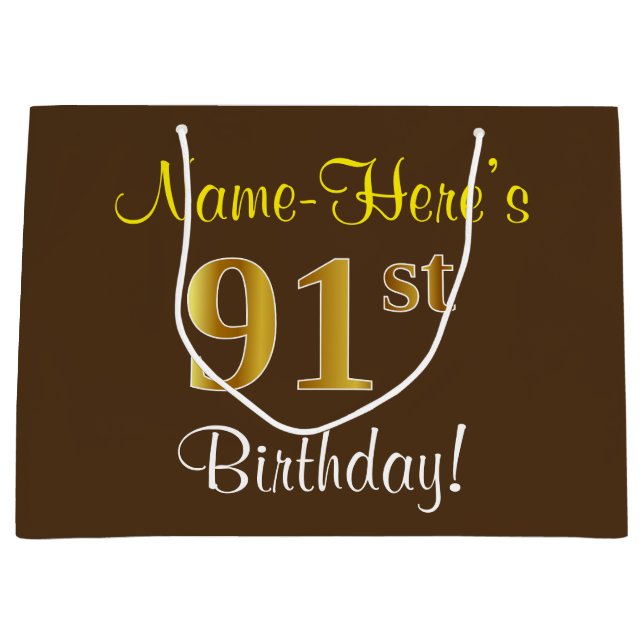 Bolsa De Regalo Grande Elegante, Brown, Faux Gold 91st Birthday + Nombre (Anverso)