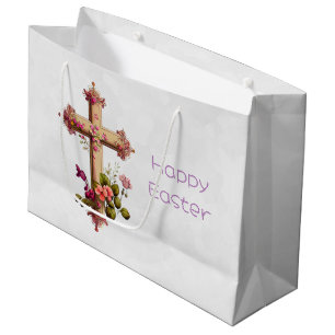 Bolsa De Regalo Grande Elegante cruz de madera con flores rosas Pascua