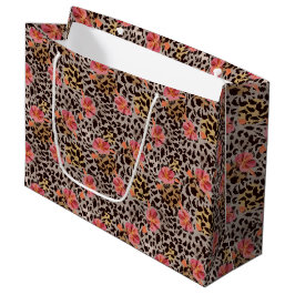Bolsa De Regalo Grande Elegante estampado de leopardo con flores rosadas