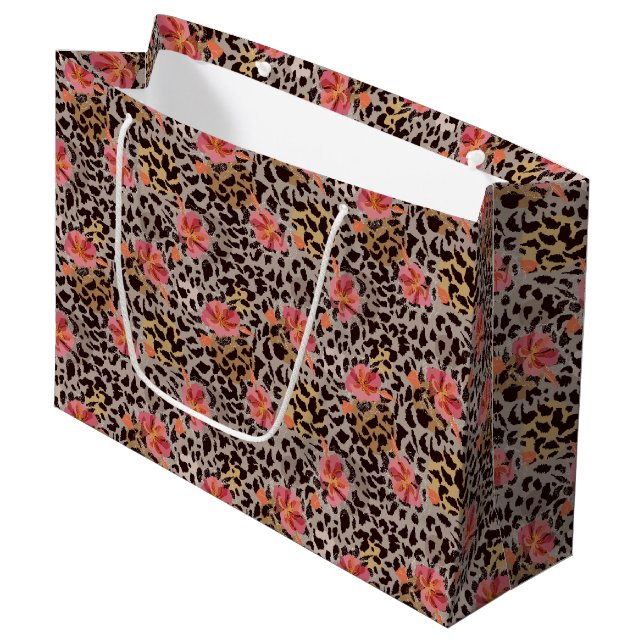 Bolsa De Regalo Grande Elegante estampado de leopardo con flores rosadas (Angulo Anverso)