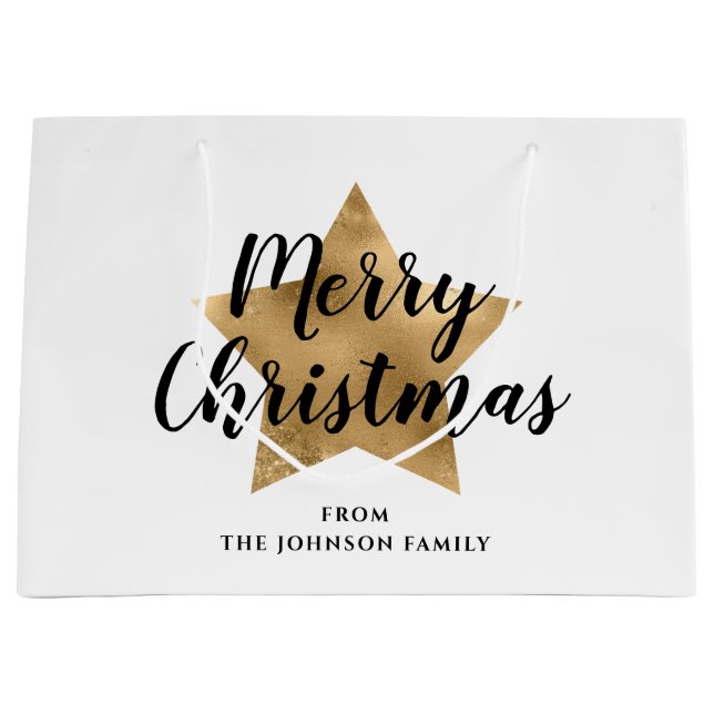 Bolsa De Regalo Grande Elegante Estrella de Oro Feliz Navidad (Anverso)