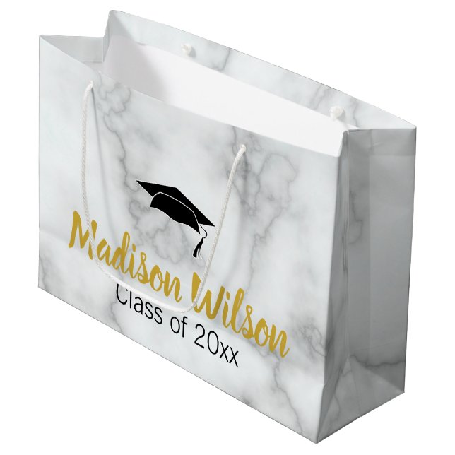 Bolsa De Regalo Grande Elegante Faux White Marble Graduado Nombre (Angulo Anverso)