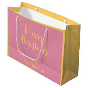 Bolsa De Regalo Grande Elegante Feliz Navidad Rosa y oro suave