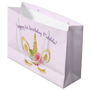 Bolsa De Regalo Grande Elegante feliz purpurina de oro de primer cumplea