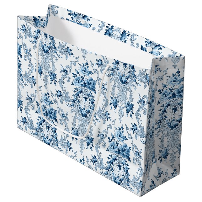 Bolsa De Regalo Grande Elegante floral rococó azul y blanco francés (Angulo Anverso)