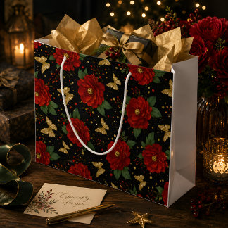 Bolsa De Regalo Grande Elegante Floral Rojo Mariposa Dorada