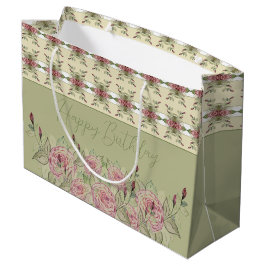 Bolsa De Regalo Grande Elegante Floral Rosa Con Verde