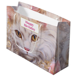 Bolsa De Regalo Grande Elegante gato blanco en oro y cumpleaños de diaman