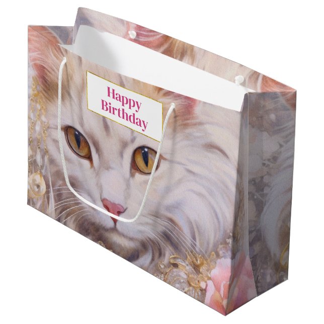Bolsa De Regalo Grande Elegante gato blanco en oro y cumpleaños de diaman (Angulo Anverso)