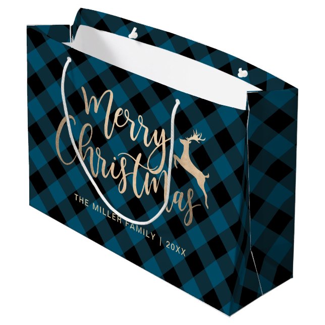 Bolsa De Regalo Grande Elegante Gold Feliz Navidad Negro y Blue Plaid (Angulo reverso)