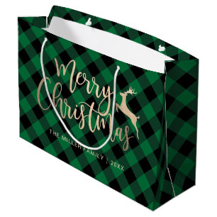 Bolsa De Regalo Grande Elegante Gold Feliz Navidad Negro y Verde Placa