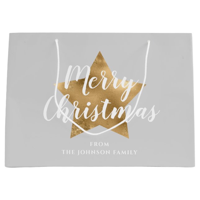 Bolsa De Regalo Grande Elegante Gray Gold Star Feliz Navidad (Anverso)