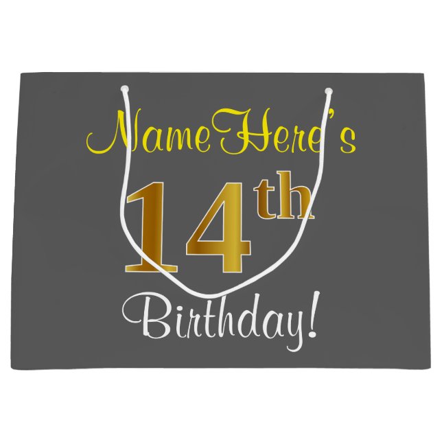 Bolsa De Regalo Grande Elegante, Gris, Faux Gold 14th Birthday + Nombre (Anverso)