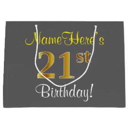 Bolsa De Regalo Grande Elegante, Gris, Faux Gold 21st Birthday + Nombre
