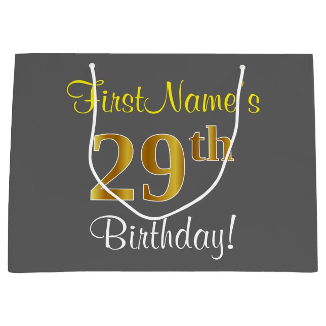 Bolsa De Regalo Grande Elegante, Gris, Faux Gold 29th Birthday + Nombre (Anverso)