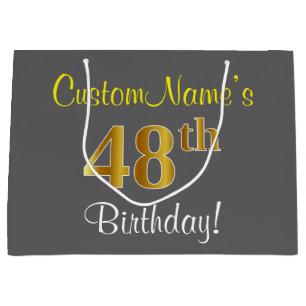 Bolsa De Regalo Grande Elegante, Gris, Faux Gold 48th Birthday + Nombre