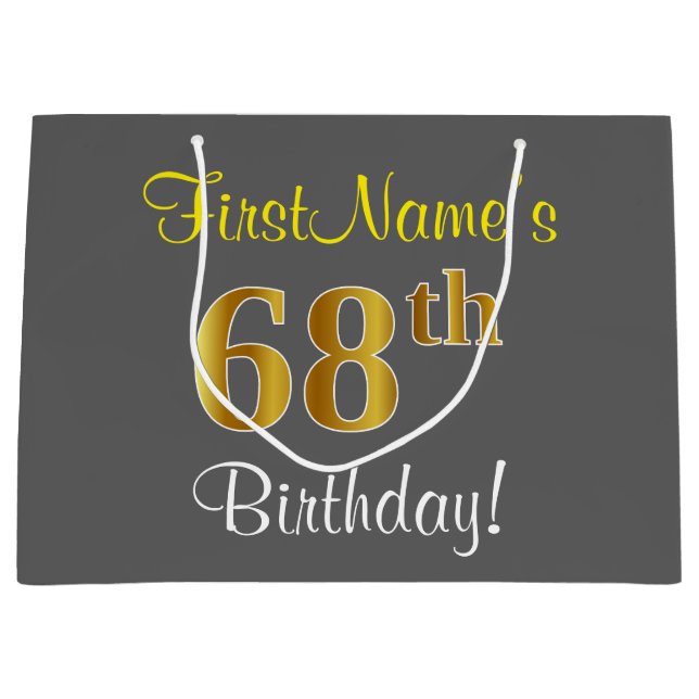 Bolsa De Regalo Grande Elegante, Gris, Faux Gold 68th Birthday + Nombre (Anverso)