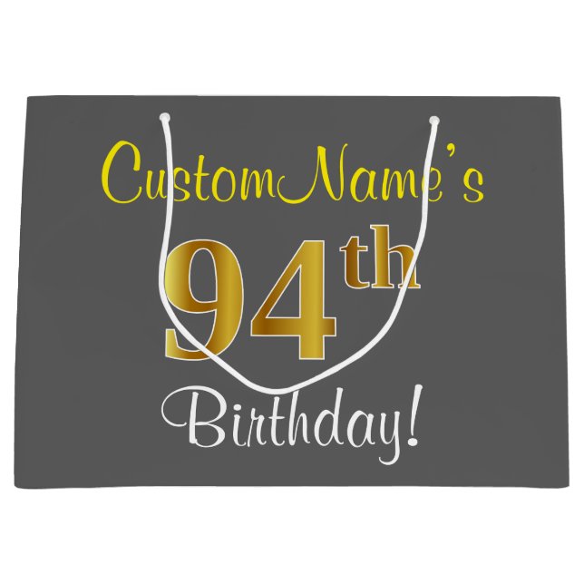 Bolsa De Regalo Grande Elegante, Gris, Faux Gold 94th Birthday + Nombre (Anverso)