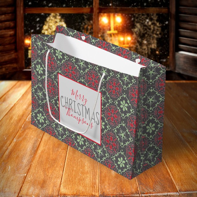 Bolsa De Regalo Grande Elegante gris invierno nórdico moda copo de nieve (Merry Christmas holiday red and green snowflake pattern large gift bag)