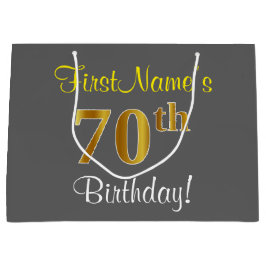 Bolsa De Regalo Grande Elegante, gris, oro falso 70 cumpleaños + nombre