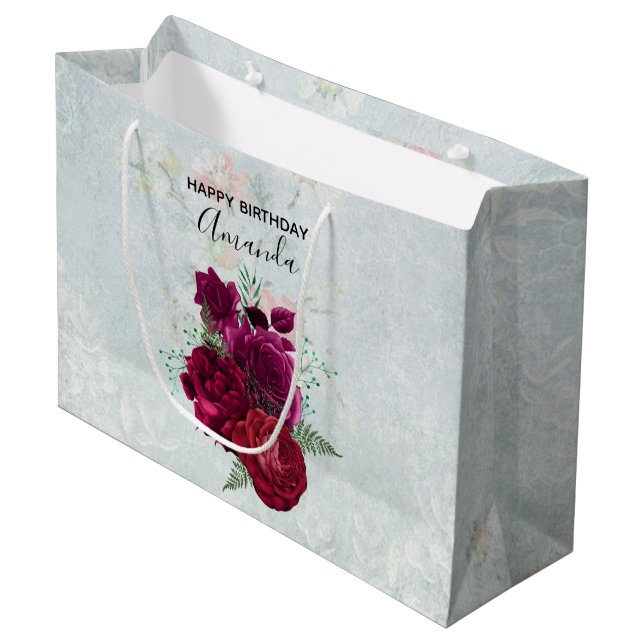 Bolsa De Regalo Grande Elegante Magenta Rosa Floral Bouquet Cumpleaños (Angulo Anverso)